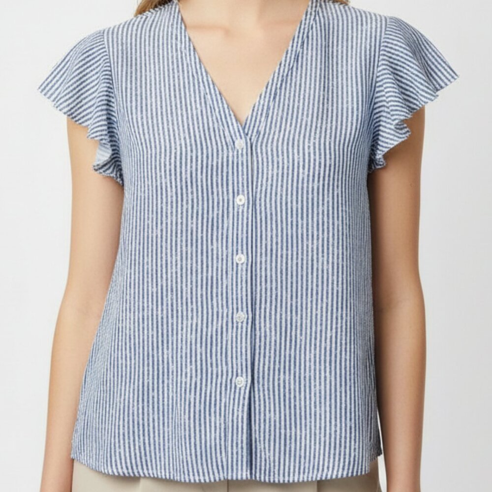Grand & Greene, Blue and White Stripe Flutter Sleeve Button Down Shirt - Picture 8 of 13